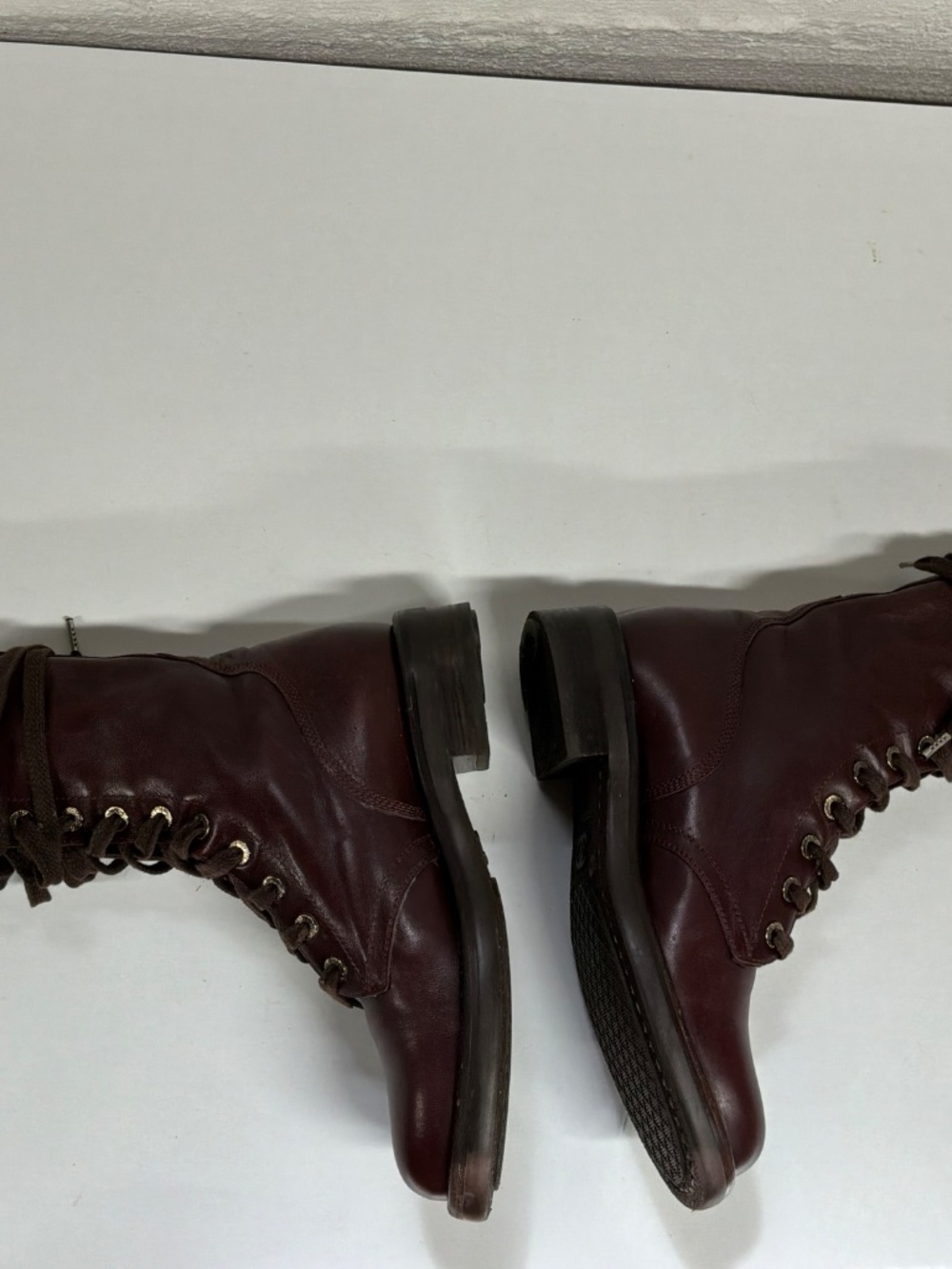 Vintage 90's CHANEL CC Logo COMBAT Biker Moto Brown Lace Up Leather Boots  37.5 - Picture 15 of 16